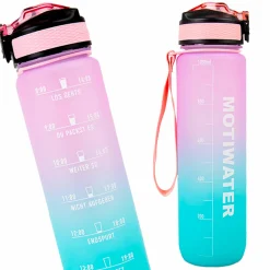 MOTIWATER Trinkflasche mit motivierenden Sprüchen & Uhrzeit - Variante: Türkis / Pink  (Schrift weiß)
