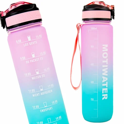 MOTIWATER Trinkflasche mit motivierenden Sprüchen & Uhrzeit - Variante: Türkis / Pink  (Schrift weiß)