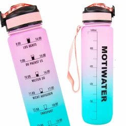 MOTIWATER Trinkflasche mit motivierenden Sprüchen & Uhrzeit - Variante: Türkis / Pink (Schrift schwarz)