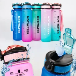 MOTIWATER Trinkflasche mit motivierenden Sprüchen & Uhrzeit - Variante: Türkis / Pink (Schrift weiß)